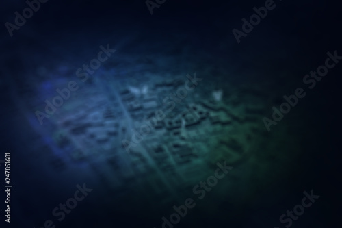 night city top view blurred image in blue - green scale, 3D