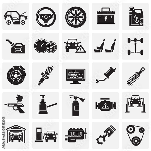 Car service icons set on squares background for graphic and web design, Modern simple vector sign. Internet concept. Trendy symbol for website design web button or mobile app
