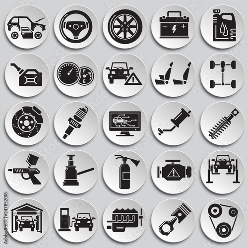 Car service icons set on plates background for graphic and web design, Modern simple vector sign. Internet concept. Trendy symbol for website design web button or mobile app