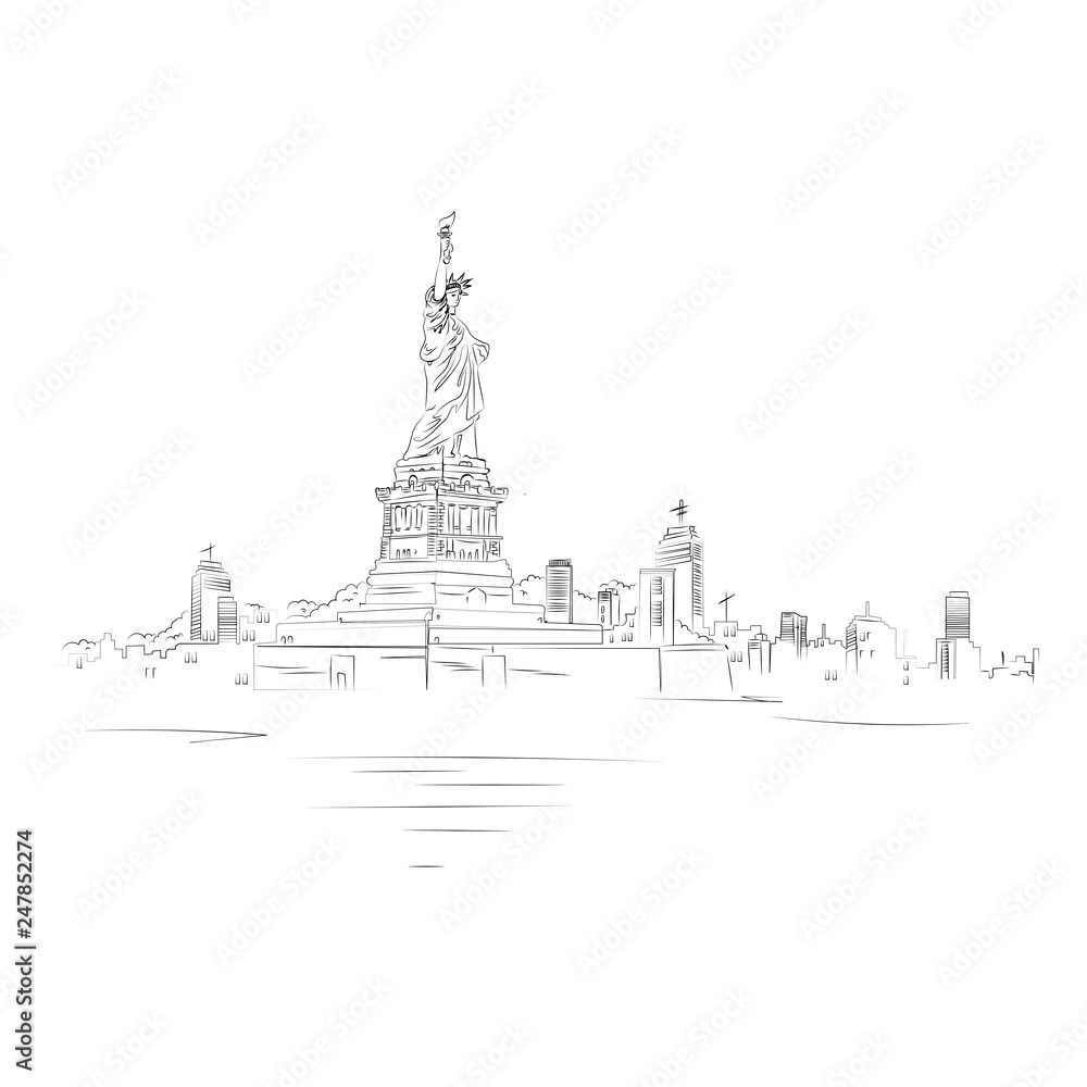 Naklejka premium Hand drawn sketch of Statue of Liberty holds torch in USA. Symbol of Independence. Outline illustration. New York landmark