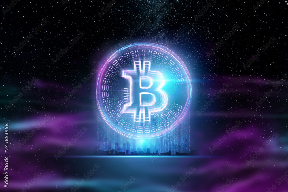 Obraz premium Bitcoin hologram, ultraviolet creative background. Cryptocurrency, electronic money, blockchain technology, finance, copy space.