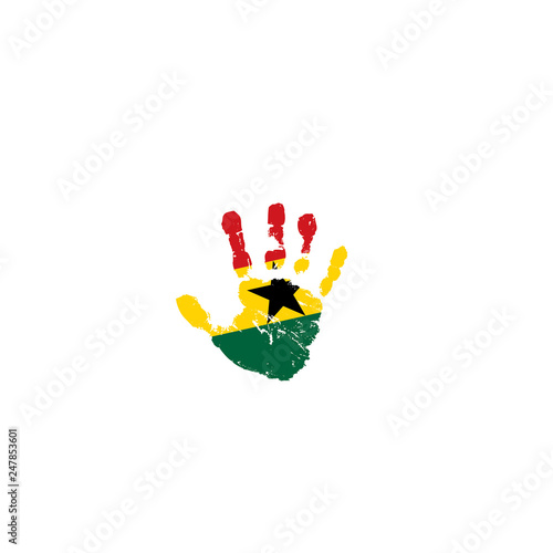Ghana flag and hand on white background. Vector illustration