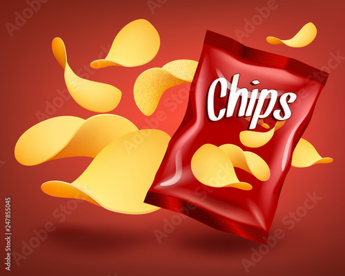 Red chips package mockup with yellow crispy snacks, advertising concept