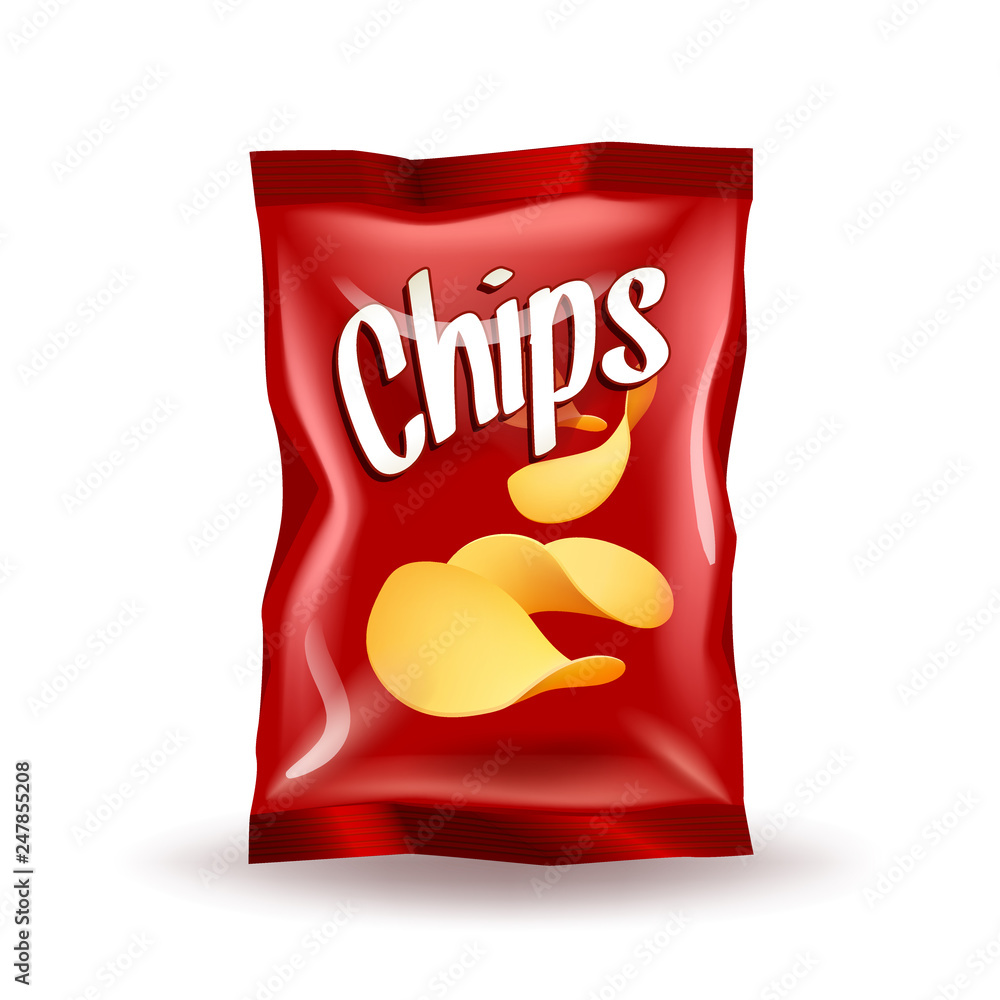 Realistic mockup package of red chips package with label isolated on