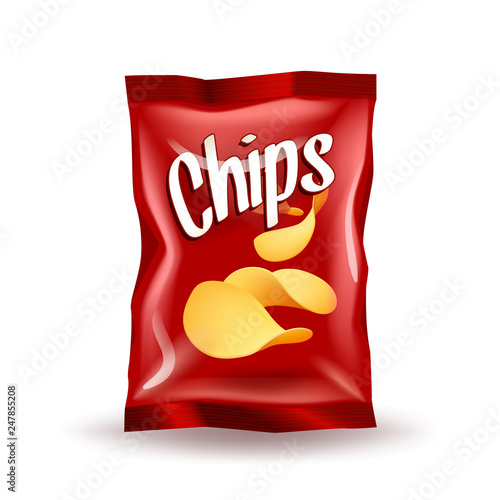 Realistic mockup package of red chips package with label isolated on white background photo