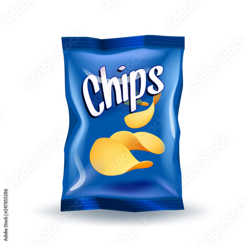 Realistic mockup package of blue chips package with label isolated on white background