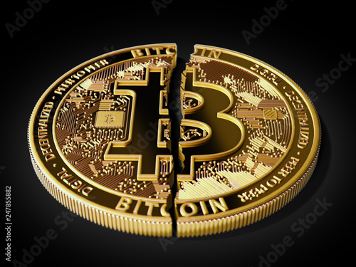 A broken or cracked Bitcoin is laying on white background. Isolated on black. Bitcoin crash concept. 3D rendering