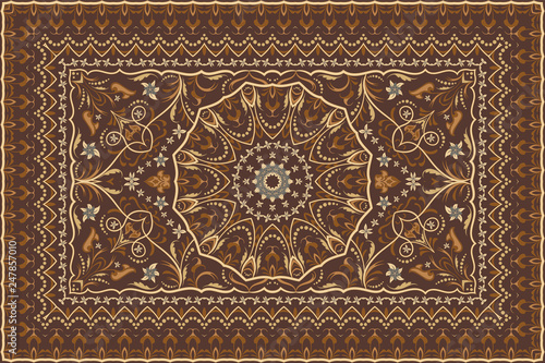 Vintage Arabic pattern. Persian colored carpet. Rich ornament for fabric design, handmade, interior decoration, textiles. Brown background.
