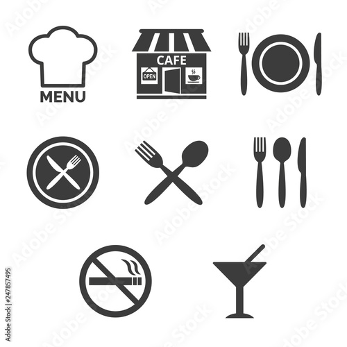 Restaurant and cafe icons set on white background.