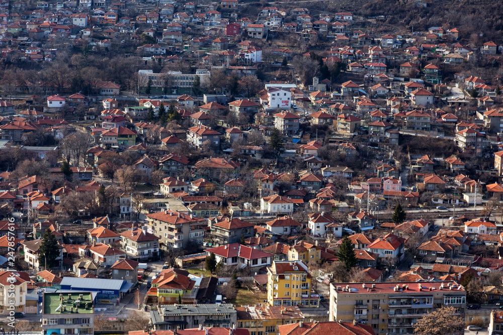 OVECH, BULGARIA -15 January 2019: Spectacular aerial panorama of provincial town of Ovech, Provadia, Bulgaria, made from top of the rock of medieval fortress of Ovech. View overlooking town