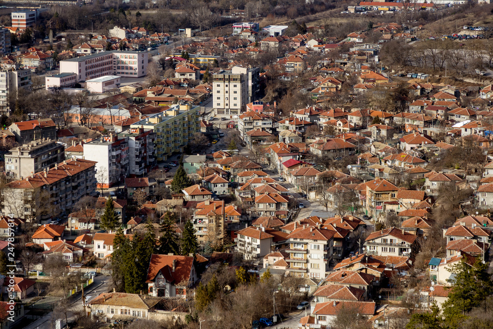 OVECH, BULGARIA -15 January 2019: Spectacular aerial panorama of provincial town of Ovech, Provadia, Bulgaria, made from top of the rock of medieval fortress of Ovech. View overlooking town