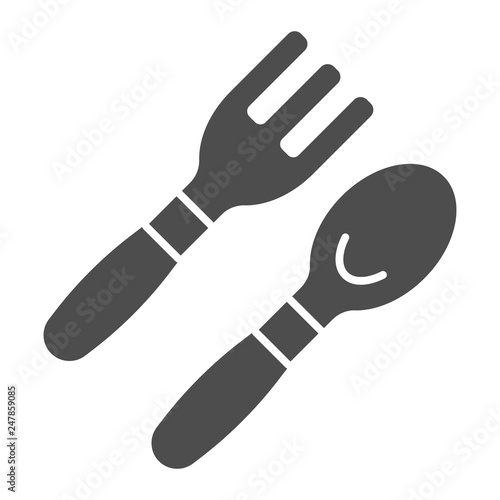 Baby spoon and fork solid icon. Cutlery vector illustration isolated on white. Baby dining tools glyph style design, designed for web and app. Eps 10.