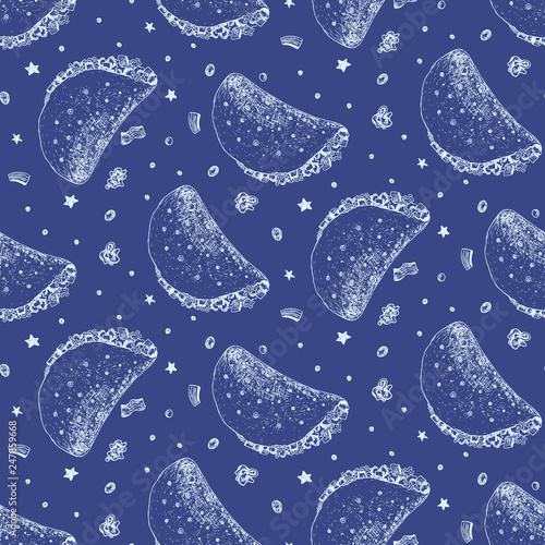 Cute seamless pattern with light outline sketchy mexican taco on blue background. Cartoon sketch pop art tacos and dots texture for fast food textile, wrapping paper, package, menu banners