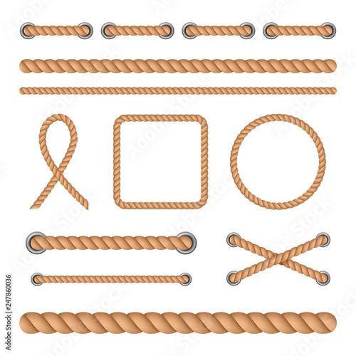 Vector illustration set of realistic seamless treads and twisted rope knots isolated on white background.