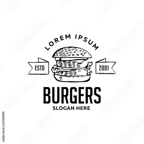 Burger Flat Icon Illustration with Text Sign