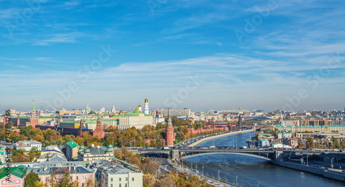 Moscow. Top view of the Moscow River, the Kremlin and the Kremlin bridge