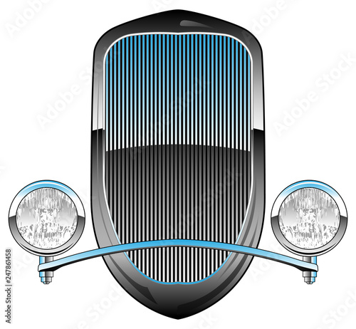 1930s Style Hot Rod Car Grill with Headlights and Chrome Trim Vector Illustration