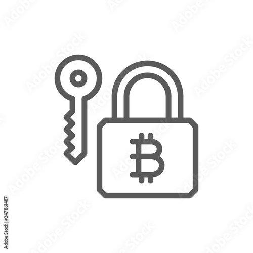 Bitcoin lock with key, cryptocurrency, blockchain line icon.