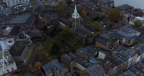 Aerial view of Gravesend town, Kent, UK with a pan up reveal of Tilbury docks and the river Thames. photo