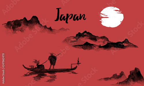 Japan traditional sumi-e painting. Indian ink illustration. Japanese picture. Man and boat. Mountain landscape photo