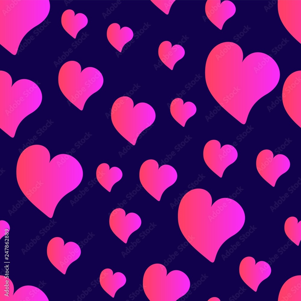 Funny red seamless valentines pattern with cartoon gradient hearts isolated on deep blue background.