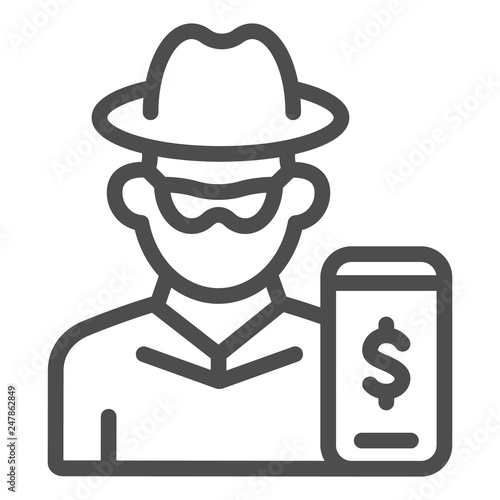 Hacker on smartphone line icon. Mobile phone with thief vector illustration isolated on white. Online robber outline style design, designed for web and app. Eps 10.