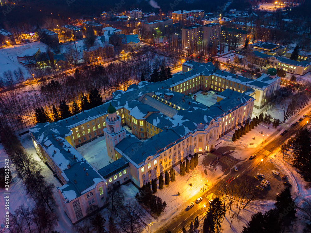 Aerial view of Voronezh in winter night from height of drone flight
