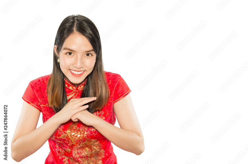 Happy Asian lady in Chinese suite isolated over white copy space - woman day concept Happy Asian lady in Chinese suite isolated over white copy space - woman day concept