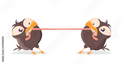 funny cartoon birds fighting for a worm Stock Vector | Adobe Stock