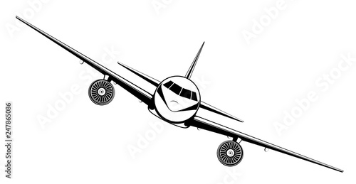 Airplane on blue background. Plane flying in the sky. Front view. Aircraft flat style vector illustration.