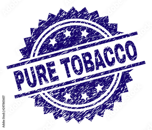 PURE TOBACCO stamp seal watermark with distress style. Blue vector rubber print of PURE TOBACCO title with dust texture.