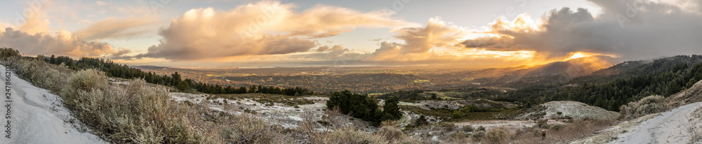 City view from a top of a mountain after a snow storm, the city of Palo Alto is about center, Windy Hill Open Space Preserve, California