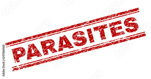 PARASITES seal print with distress texture. Red vector rubber print of PARASITES caption with grunge texture. Text caption is placed between double parallel lines.