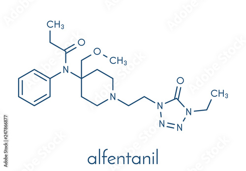 Alfentanil opioid analgesic drug molecule. Skeletal formula.