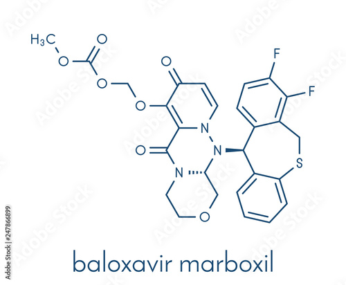 Baloxavir marboxil influenza drug molecule (cap-dependent endonuclease inhibitor). Skeletal formula.