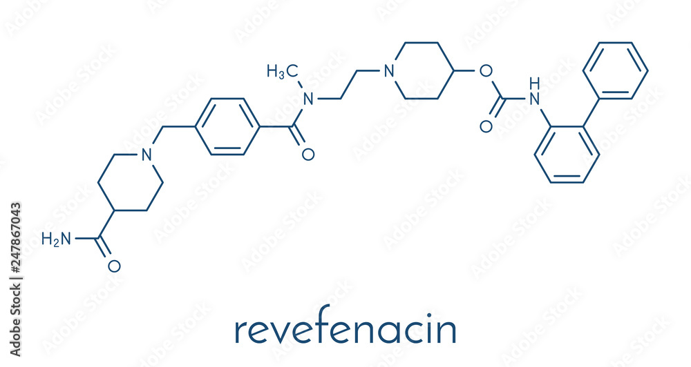 Revefenacin COPD drug molecule. Skeletal formula. Revefenacin COPD drug molecule. Skeletal formula.