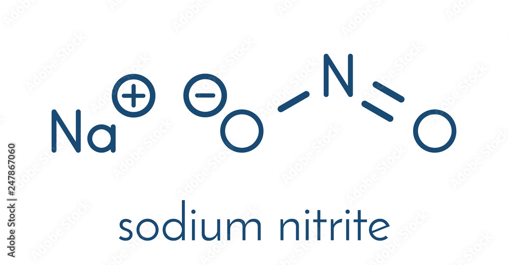 Sodium nitrite, chemical structure. Used as drug, food additive (E250
