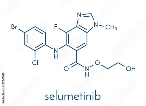 Selumetinib cancer drug molecule (MEK1 and MEK2 inhibitor). Skeletal formula.
