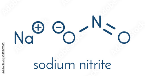Sodium nitrite, chemical structure. Used as drug, food additive (E250), etc. Skeletal formula.