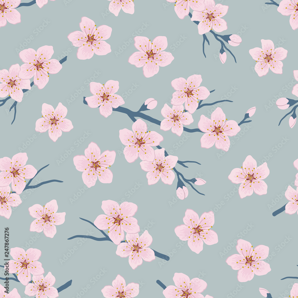 Seamless pattern with blossoming branches of cherry. A tree branch with pink flowers and buds on a blue background. Spring floral background. Vector illustration Seamless pattern with blossoming branches of cherry. A tree branch with pink flowers and buds on a blue background. Spring floral background. Vector illustration