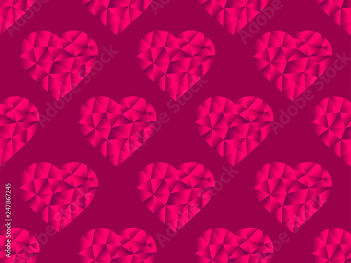 Polygonal hearts seamless pattern red color. Happy Valentine s day  14th of February. Bright hearts with gradient. Vector illustration