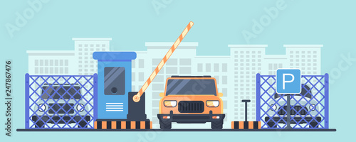 Paid guarded parking for cars. Entry and exit through the checkpoint with a booth and a barrier.