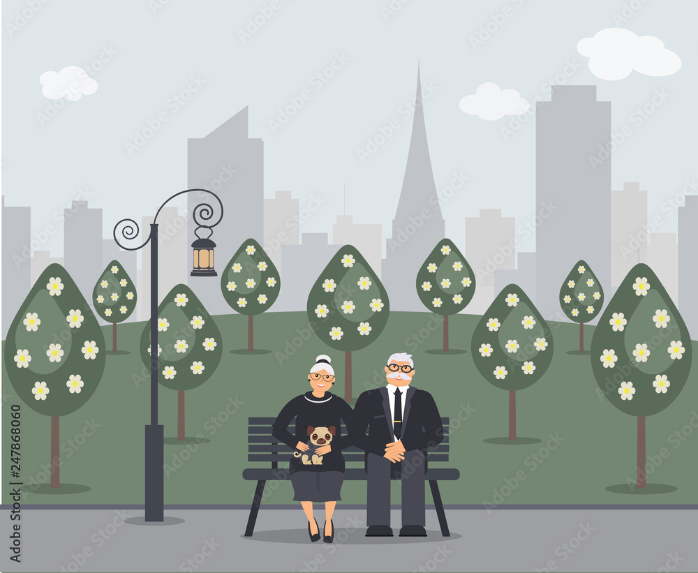 Happy family seniors: cute smiling elderly man and woman with pug are sitting on bench in park. Retired elderly couple in love.Trees, cityscape and ancient lantern.Vector flat illustration Happy family seniors: cute smiling elderly man and woman with pug are sitting on bench in park. Retired elderly couple in love.Trees, cityscape and ancient lantern.Vector flat illustration