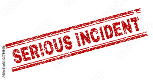 SERIOUS INCIDENT seal watermark with corroded texture. Red vector rubber print of SERIOUS INCIDENT title with corroded texture. Text tag is placed between double parallel lines.