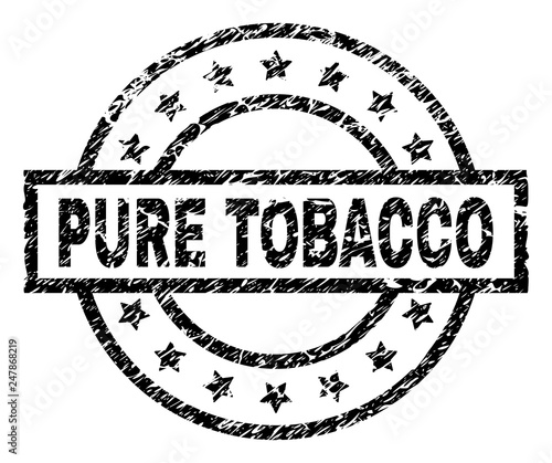 PURE TOBACCO stamp seal watermark with distress style. Designed with rectangle, circles and stars. Black vector rubber print of PURE TOBACCO label with grunge texture.