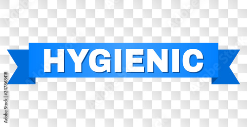 HYGIENIC text on a ribbon. Designed with white caption and blue stripe. Vector banner with HYGIENIC tag on a transparent background.