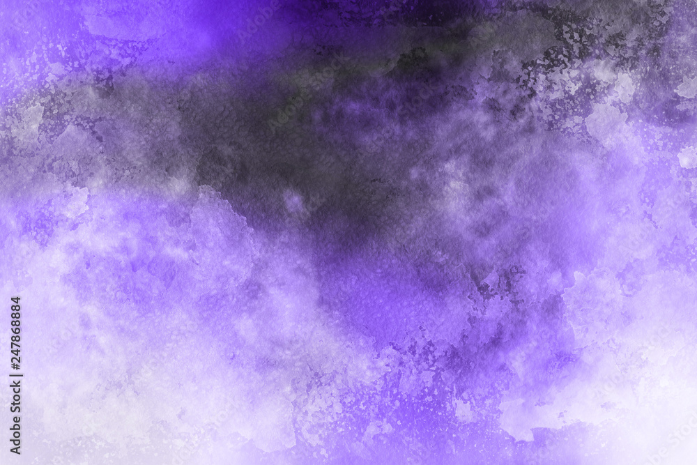 Fototapeta premium Violet ink and watercolor textures on white paper background. Paint leaks and ombre effects. Hand painted abstract image.