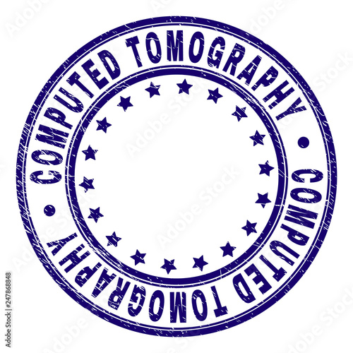 COMPUTED TOMOGRAPHY stamp seal imprint with grunge effect. Designed with round shapes and stars. Blue vector rubber print of COMPUTED TOMOGRAPHY label with grunge texture.
