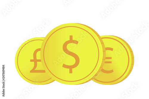 A set of gold coins from international currencies with dollar, euro and pound signs.