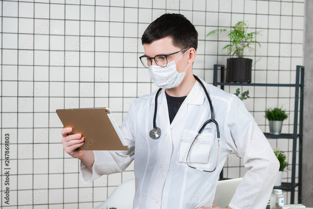 Surgeon doctor with tablet computer in hospital office. Medical healthcare staff and doctor service